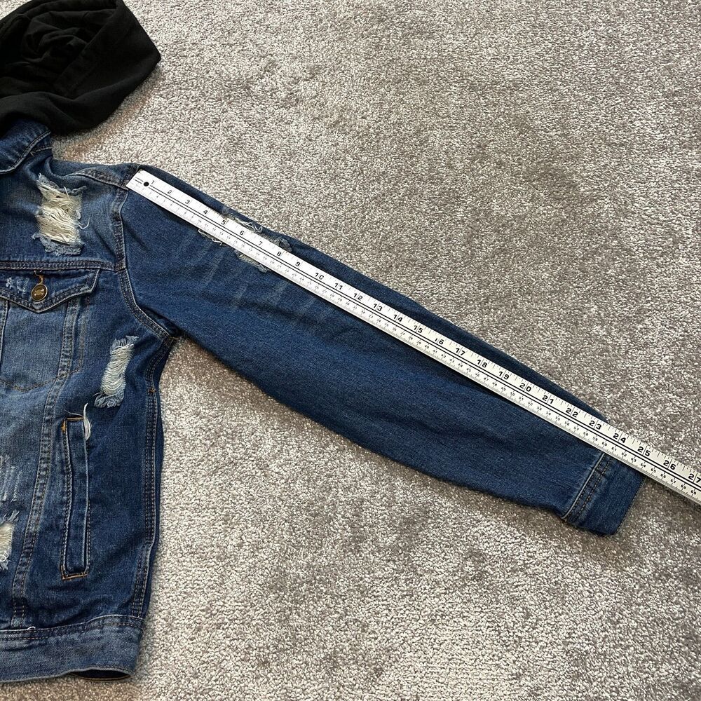 Rue 21 Jean Jacket Womens Small Blue Denim Distressed Dark Wash Black Hooded - Picture 10 of 11
